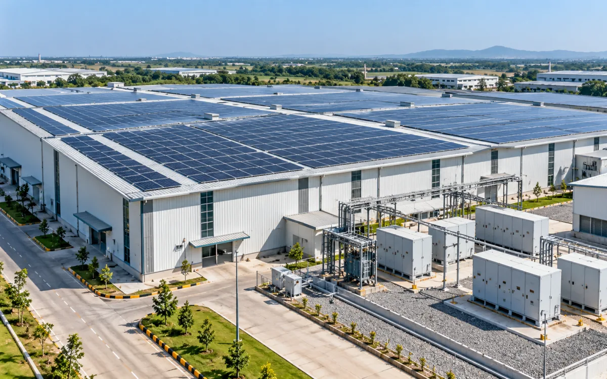 Industrial building with rooftop solar panels and electrical infrastructure