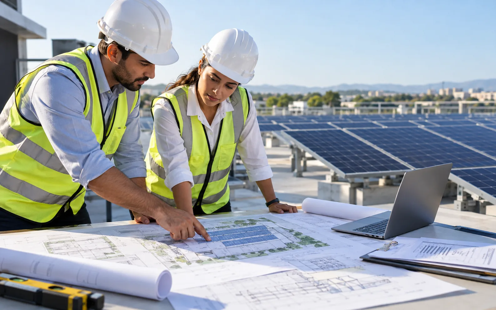 Solar engineers reviewing system design drawings beside a rooftop solar installation