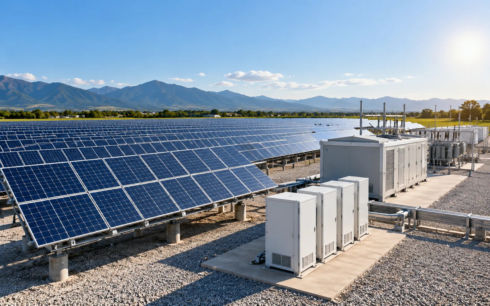 Medium-scale solar energy installation with panel rows and inverter electrical infrastructure