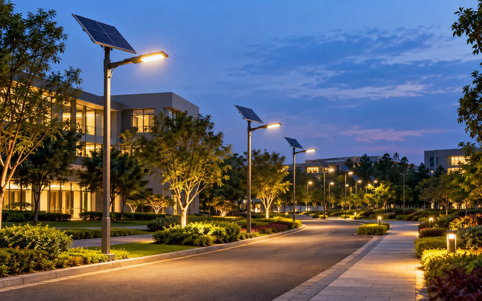 Solar street lights and garden pathway lights illuminating a landscaped campus at dusk