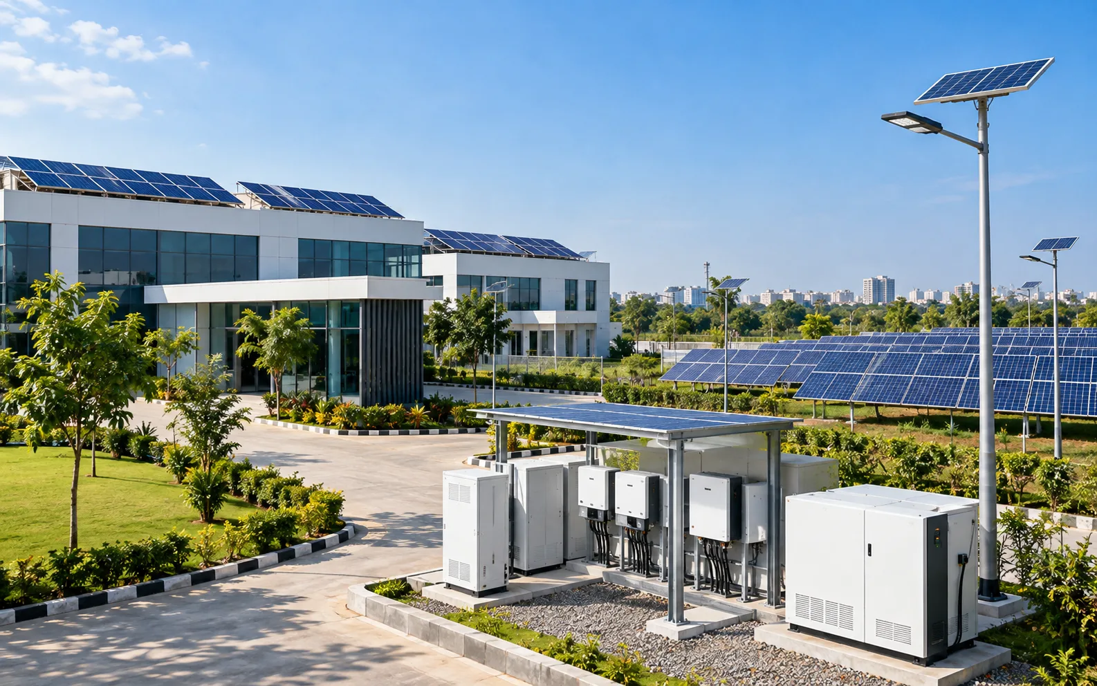Professional solar services overview with rooftop panels, ground-mounted solar arrays, solar lighting and inverter infrastructure