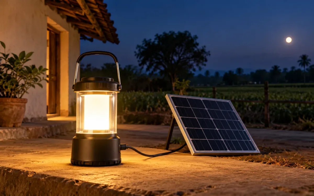 Portable solar lantern glowing beside a small charging panel at night