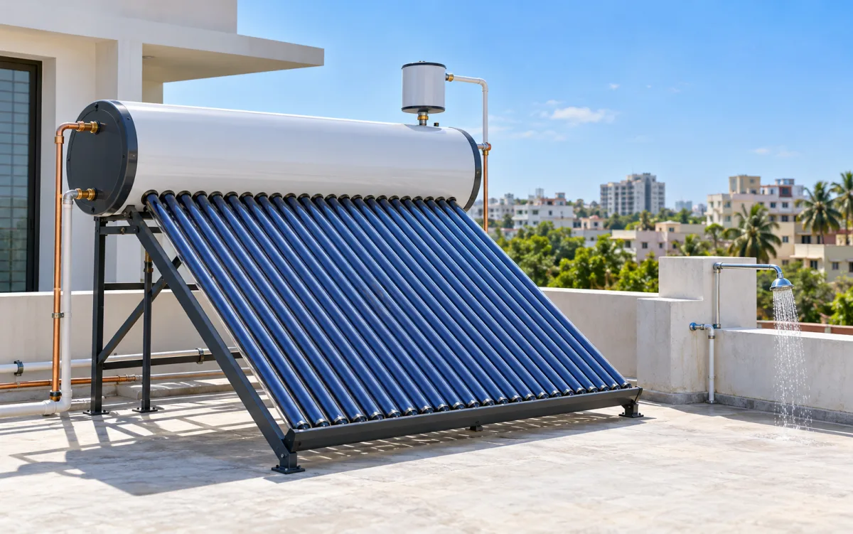 Solar water heating system with rooftop collector tubes and storage tank