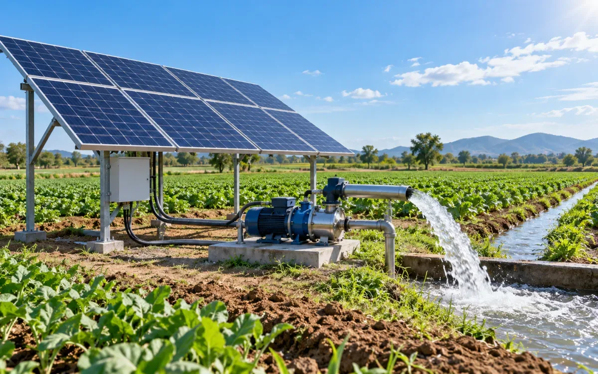 Solar water pumping project with panels connected to an agricultural pump